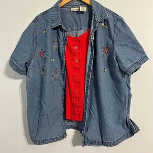 White Stag Plus Embroidered Floral Bee‎ Denim Shirt Red Layered Tank 22W 24W